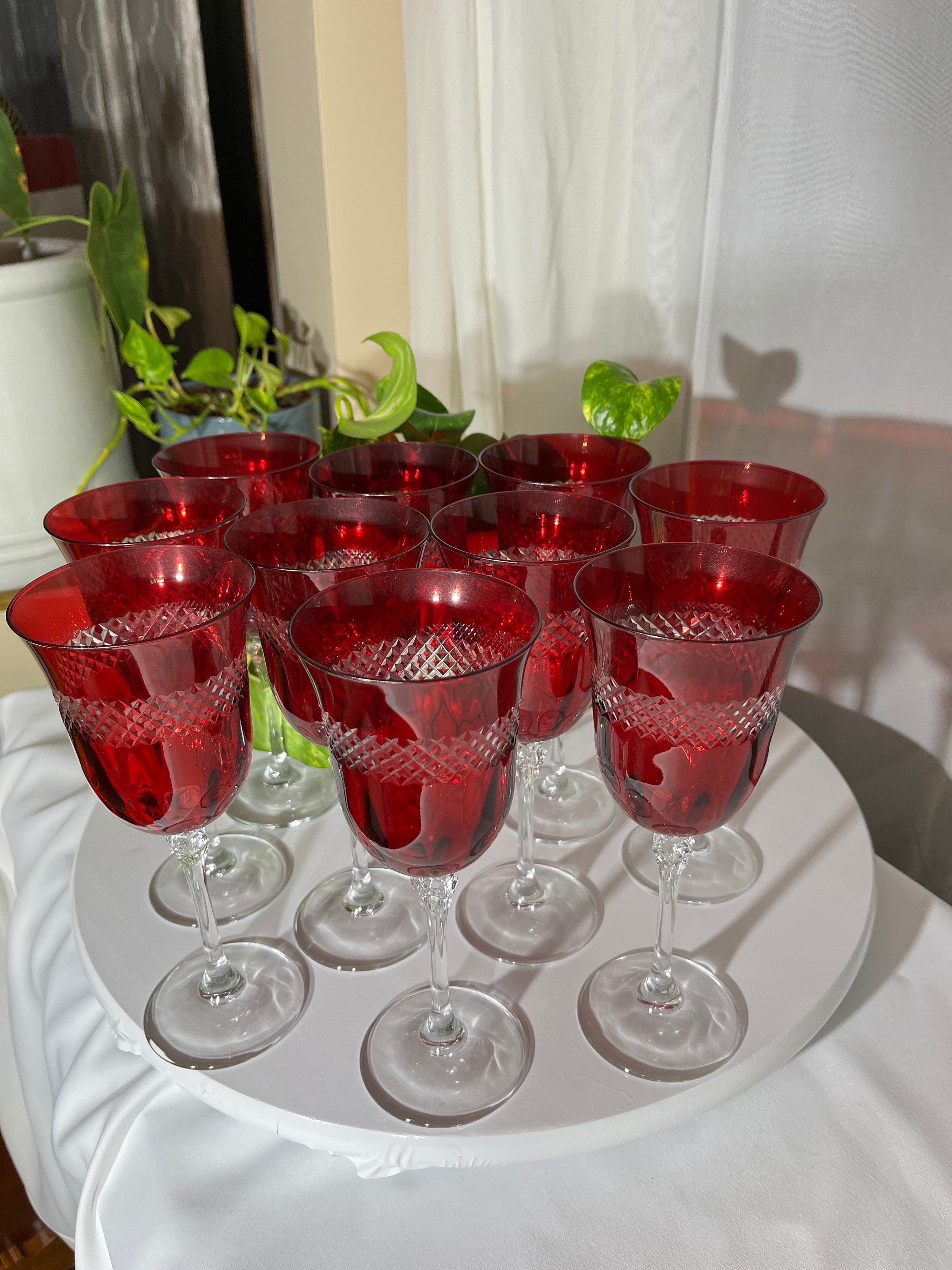 Set of 2 Large Vintage Clear Red Hand Blown Drinking Glasses, High