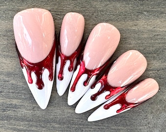 Blood Drip Press On Nails | Chrome Red French Nails | Halloween Fake Nails | Spooky Cute Goth Nails | Reusable Luxury Set