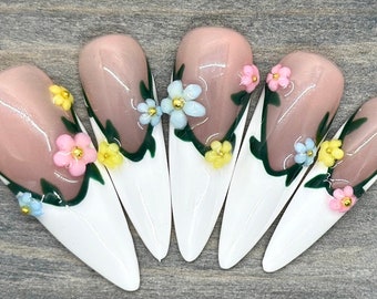 French Manicure with Flowers and Vines Summer Nail Set | Press On Nails | Summer Goddess | Handmade Nails | Reusable Nails