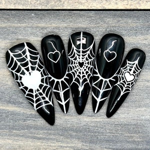 Black and White Spider Webs and Hearts Halloween Press on Nails