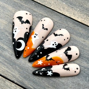 Cute Halloween Press On Nails | Ghost Bat Moon Nail Art | Spooky Cartoon Nails | Handmade Reusable Nails | Long Black Orange Set