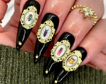 Uñas postizas de insectos con marcos dorados 3D / Escarabajos y polillas en cajas de sombras miniatura / Uñas góticas de lujo pintadas a mano / Set reutilizable
