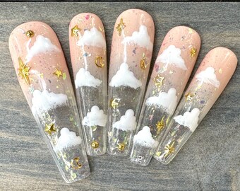 Rosa himmlische Presse auf den Nägeln | Witchy Fantasy Nägel mit Sternen & Monden | Wiederverwendbare handgemachte Nägel