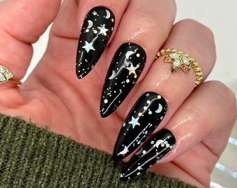 Holographic Silver Moons and Stars Black Press On Nails | Witchy Nails | Alternative Nails | Luxury Nails | Artificial Nails