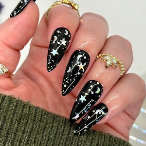 Holographic Celestial Black Press On Nails | Moons and Stars Nail Art | Witchy Reusable Nails | Alternative Nails | Luxury Nails