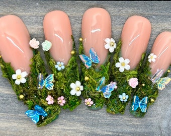 Fairy Press On Nails with Real Moss – Gardencore Butterflies & Flowers | Handmade Reusable Luxury Nails