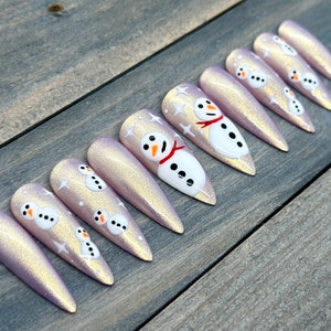 Purple Snowman Press On Nails | Shimmery Winter Fake Nails | Holiday Nail Art | Cute Christmas Nails | Reusable Luxury Set