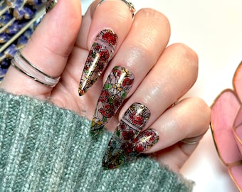 Stained Glass Press On Nails with Roses | Tinted Glass Witchy Handmade Reusable Nails | Luxury Nails | Artificial Nails | Reusable Nails