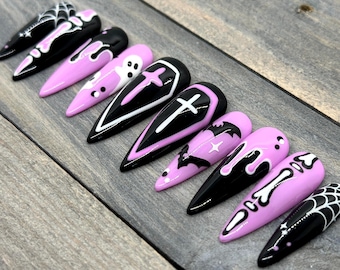 Pastel Goth Halloween Press On Nails | Pink & Black Coffins, Bats, Ghosts, Slime Drip, Bones, and Spiderwebs | Handmade Spooky Nails