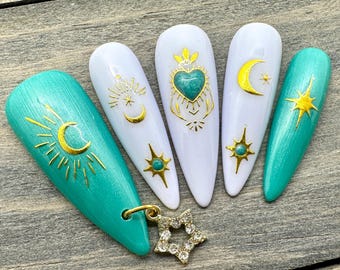 Celestial Stars and Moons Press On Nails | Gold Chrome Nail Piercing| Witchy Handmade Nails | Luxury False Nails