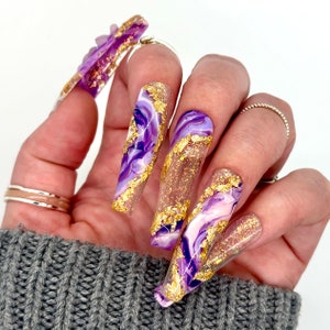 Purple Amethyst Geode Press On Nails with Real Rose Quartz | Crystal Handmade Nails | Luxury Reusable False Nails