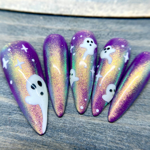 Ongles phosphorescents d'Halloween phosphorescents dans le noir en Violet irisé | Ongles d'Halloween | Ongles effrayants mignons | Ongles de luxe | Ongles réutilisables