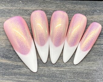 Blush Pink French Tip Press-On Nails | Shimmer Wedding Nails | Handmade Luxury Reusable Set