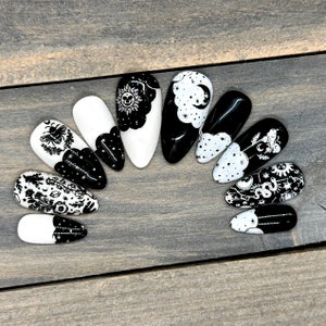 Black and White Spooky Sun and Moon Press on Nails | Halloween Press On Nails | Luxury Nails | Artificial Nails | Reusable Nails