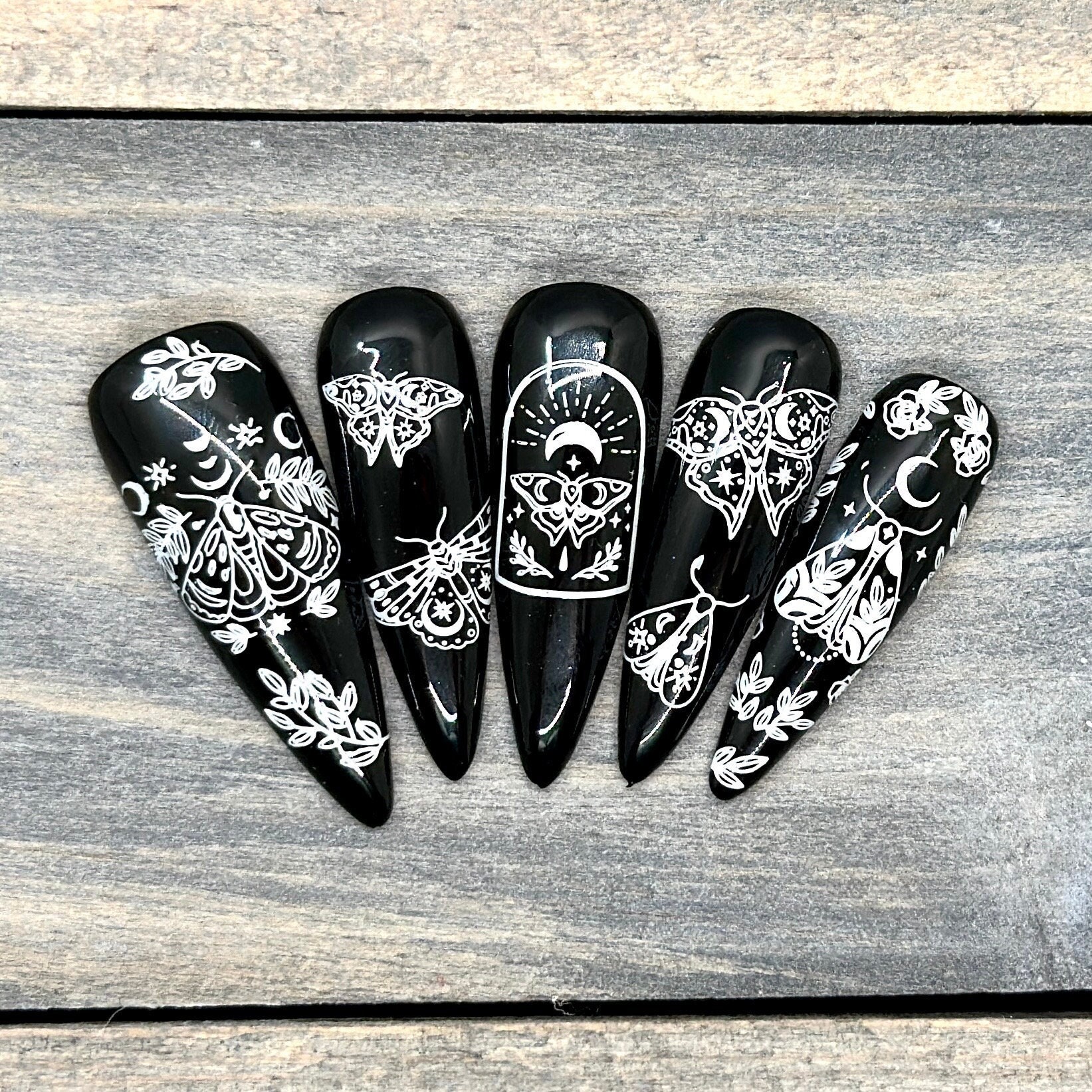 Black and White Moth Press On Nails | Lunar Moon Moth Witchy Press Ons | Handmade Nails | Reusable Nails