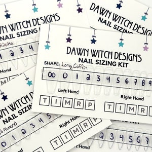 May include: A nail sizing kit with clear plastic nail tips labelled with numbers 00 to 9. The kit is labelled "Dawn Witch Designs Nail Sizing Kit" and includes a shape guide for "Long Coffin" nails. The kit also includes a chart for left and right hand sizing with the letters "T, I, M, R, P" for each finger.