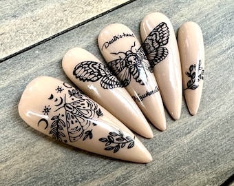 Moon Moth Press On Nails | Death's Head Hawkmoth Witchy Press Ons | Lunar Moth Manicure | Handmade Nails | Reusable Nails