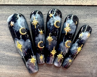 Midnight Sky Press On Nails| Moon and Stars Nails | Witchy Celestial Nails | Handmade Gothic Set | Luxury Nails | Reusable Nails