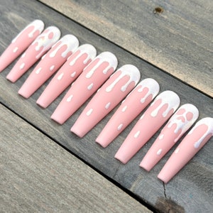 Pink Skull Drip Press On Nails with Iridescent White Design | Cute Spooky Nails | Pastel Goth Halloween Nails | Reusable Luxury Nails