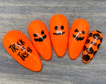 Jack O Lantern Press On Nails | Halloween Pumpkin Fake Nails | Cute Spooky Nail Art | Handmade Luxury Nails | Reusable Nail Set