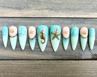 Summer Ocean Nails with 3D Gold Chrome Starfish, Seahorse, and Shells | Luxury Press On Nails | Handmade Nails | Reusable Nails