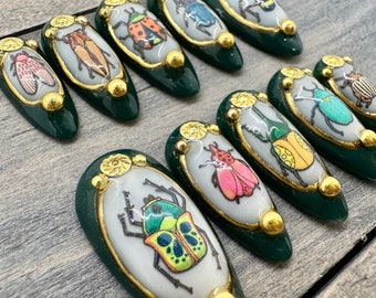 Bug Press‑On Nails – Beetles & Bugs Framed in Gold on Forest Green, Luxury Hand‑Painted Set