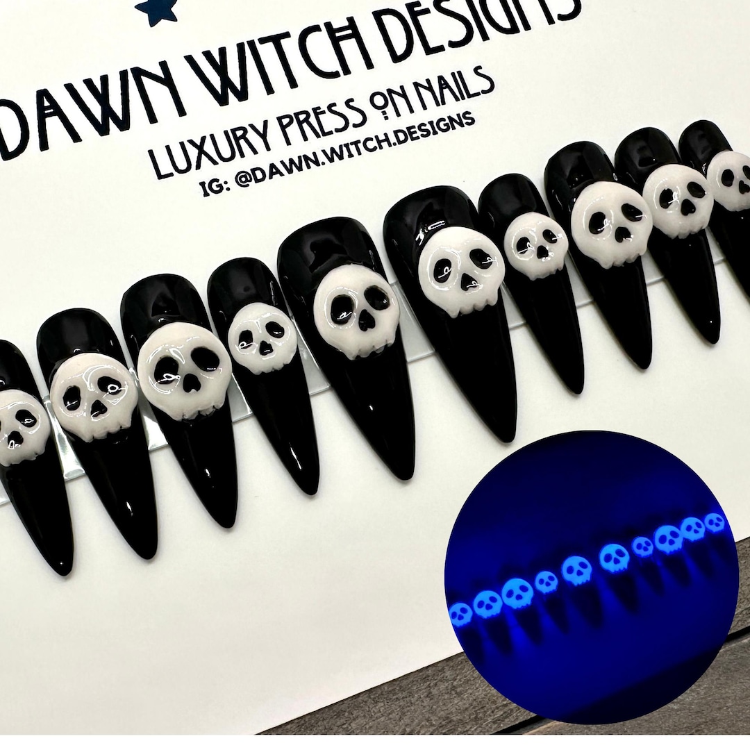 Black Glow in the Dark Skull Press on Nails | 3D Halloween Nails | Cute Spooky Nails | Luxury Nails | Reusable Nails - Etsy Japan