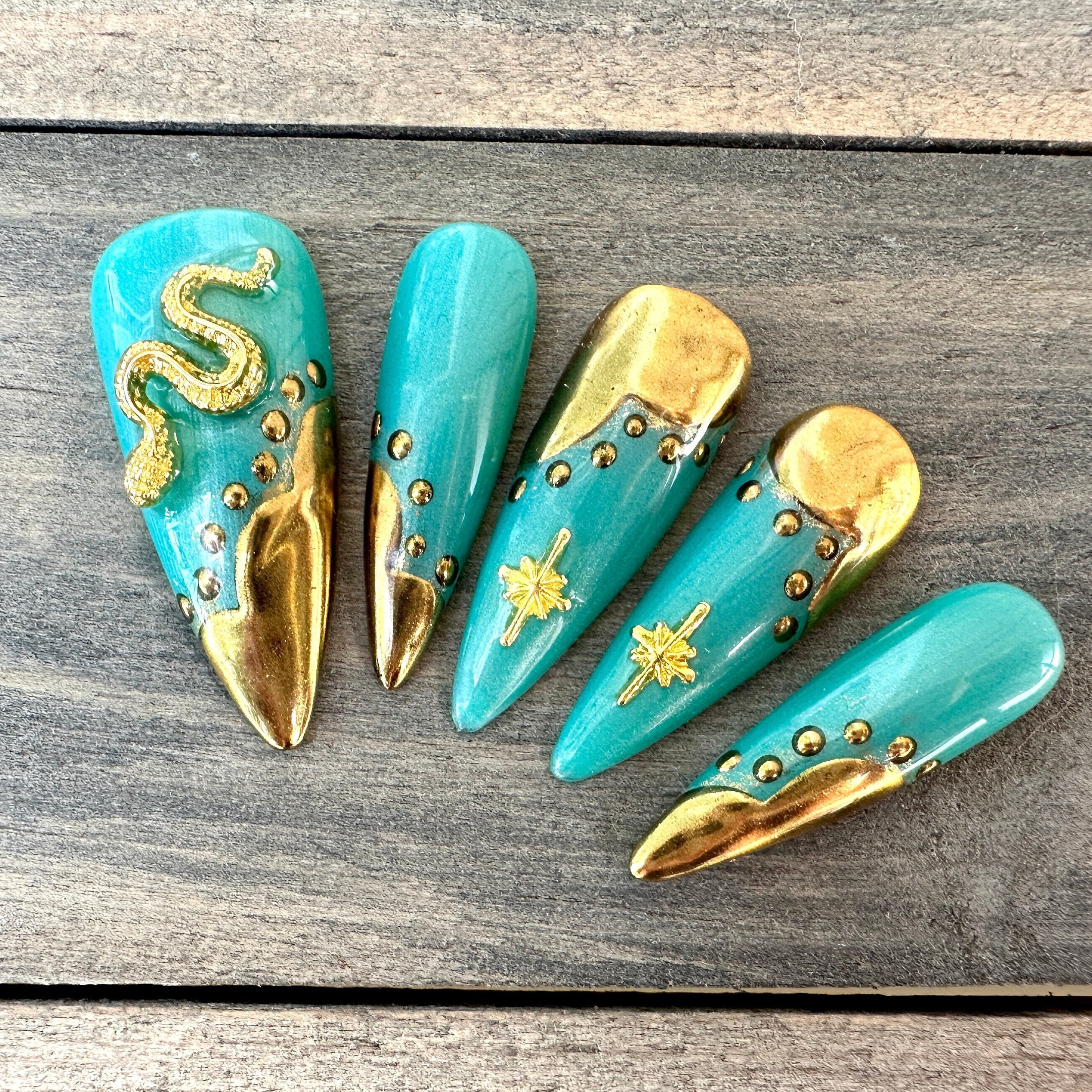Gold Chrome & Turquoise Witchy Press on Nails With 3D Snake and