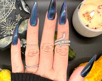 Unhas postiças estilo olho de gato azul | Unhas de bruxa para o Halloween | Manicure reutilizável assustadora | Unhas de luxo | Unhas artificiais | Unhas reutilizáveis
