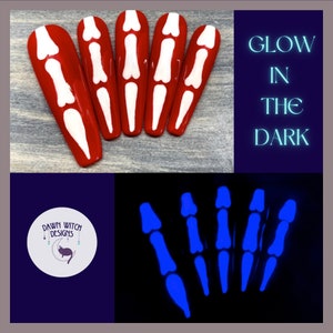Glow Skeleton Press On Nails | Red Bone Halloween Nails | Glow in the Dark Fake Nails | Spooky Goth Nails | Reusable Luxury Set