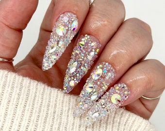 Rhinestone Bling Press On Nails | Ultra Sparkly Clear Manicure | Luxury Handpainted Nails