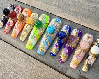 Rainbow Chakra Press On Nails | Genuine Gemstone Celestial Art | Gold Moon and Sun Manicure | Luxury Handpainted Nails