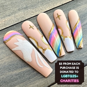 Rainbow Cloud Pride Nails | LGBTQ Press On Nails | Unicorn Sky Nail Art | Reusable Handmade Nails | Colourful Pride Manicure