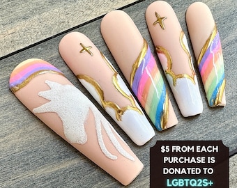 Uñas Rainbow Cloud Pride / Uñas adhesivas LGBTQ / Arte de uñas Unicorn Sky / Uñas reutilizables hechas a mano / Manicura colorida del orgullo