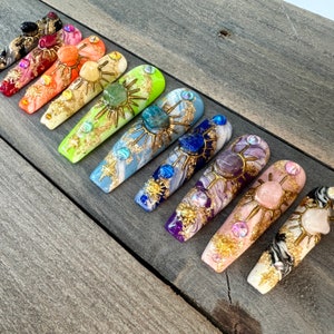 Rainbow Chakra Press On Nails | Genuine Gemstone Celestial Art | Gold Moon and Sun Manicure | Luxury Handpainted Nails