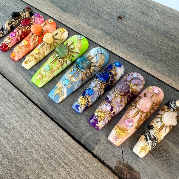 Rainbow Chakra Press On Nails | Genuine Gemstone Celestial Art | Gold Moon and Sun Manicure | Luxury Handpainted Nails