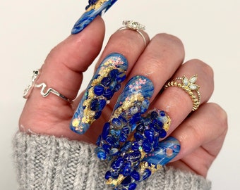 Genuine Lapis Lazuli Press On Nails | Blue Gemstone Nail Art | Crystal Manicure | Luxury Handpainted Nails