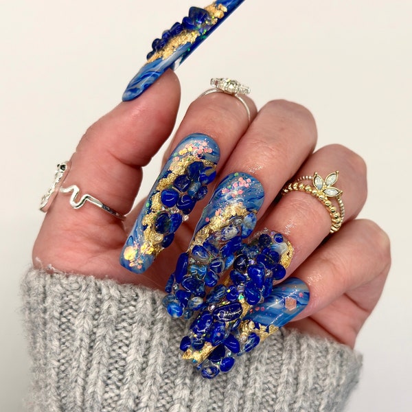 Genuine Lapis Lazuli Press On Nails | Blue Gemstone Nail Art | Crystal Manicure | Luxury Handpainted Nails