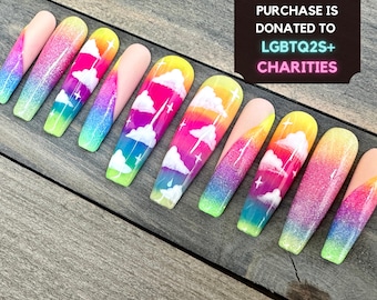 Uñas postizas Rainbow Cloud / Uñas LGBTQ+ con mensaje de orgullo / Manicura Born This Way / Arte de uñas colorido hecho a mano / Set de lujo reutilizable