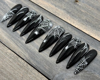 Black Spider Web Press On Nails | Glossy Black Halloween Nails with White Cobwebs | Gothic Witchy Spooky Cute Reusable Nails