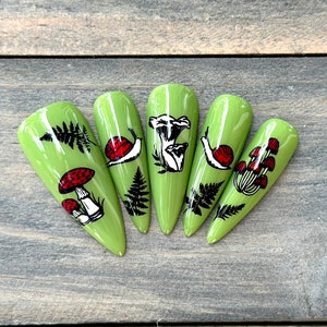 Mushroom Forest Press On Nails | Toadstools and Snails Witchy Press Ons | Handmade Reusable Nails
