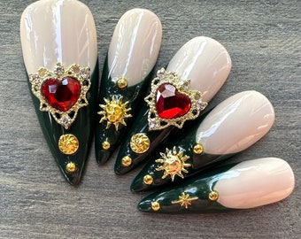 Celestial French Tip Press On Nails | Green and Gold Witchy Nails | Moon & Star Charm Nails | Reusable Handmade Nails