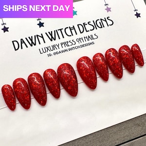 READY TO SHIP | Medium Almond | Size Small | Holiday Red Sparkle Christmas Press On Nails | Chunky Glitter Nails | Luxury Nails
