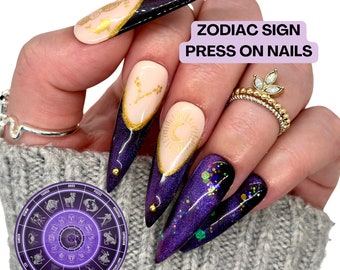 Uñas postizas de astrología del zodíaco / Uñas de signos celestiales / Uñas reutilizables hechas a mano de brujas / Uñas astrológicas