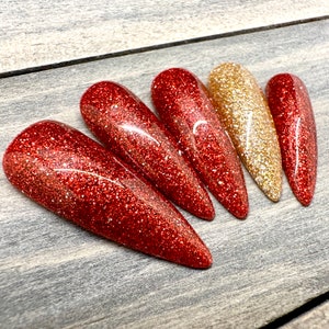 Red and Gold Christmas Nails | Glitter Holiday Press On Nails | Sparkle Artificial Nails | Reusable Luxury Set | Handmade Gift Idea