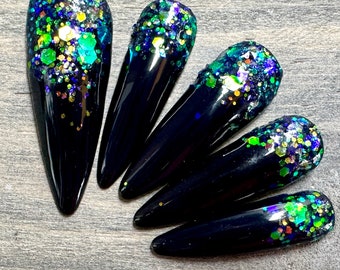 Black Sparkle Press On Nails | Witchy Press Ons | Gothic Witchy Nails | Handmade Nails | Reusable Nails