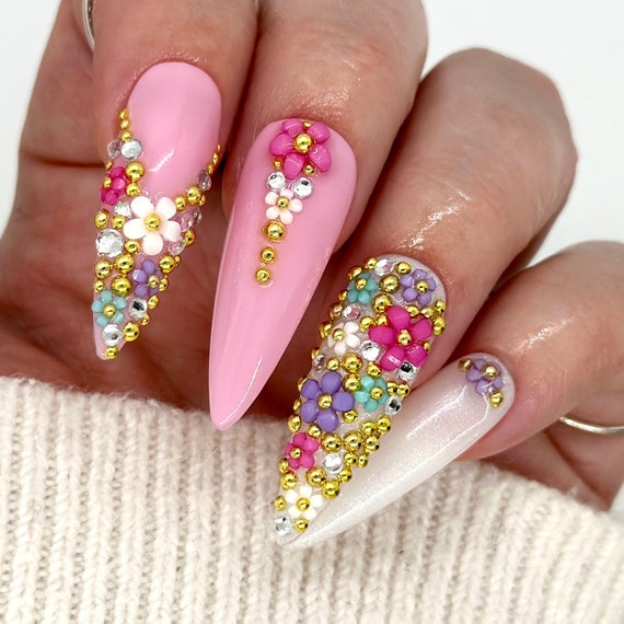 Pink Flower Press On Nails | Summer 3D Nail Charms | Spring Garden Nail Art | Handmade Reusable Nails | Floral Goddess Manicure