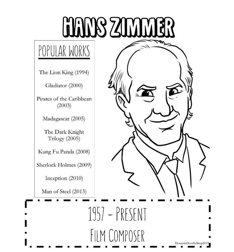 May include: A black and white illustration of film composer Hans Zimmer. The image features a list of his popular works, such as "Gladiator" and "Inception." The text at the bottom states "1957 - PRESENT FILM COMPOSER."