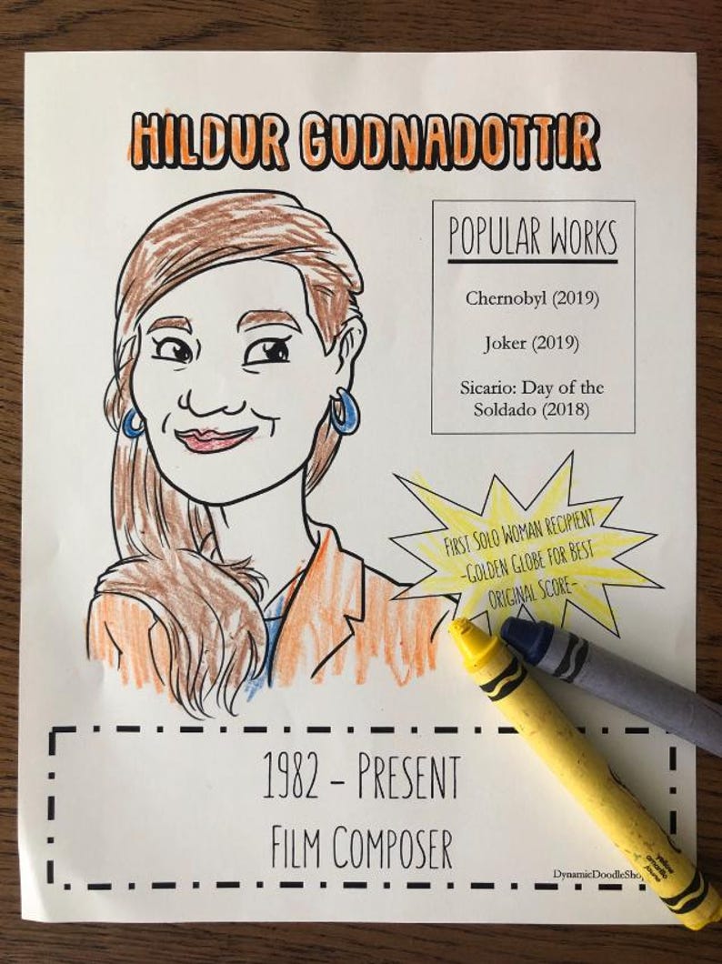 May include: A colourful illustration of Hildur Gu&eth;nad&oacute;ttir, a film composer, with the text "Hildur Gu&eth;nad&oacute;ttir" in orange. The image includes a list of her popular works and a yellow crayon and a blue crayon. The text reads "1982 - PRESENT FILM COMPOSER."