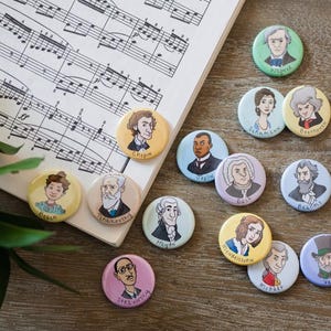 Composer Buttons // Gift for Musician // Teacher Gift // Piano Teacher // Classical Music // Button Pins // Magnets